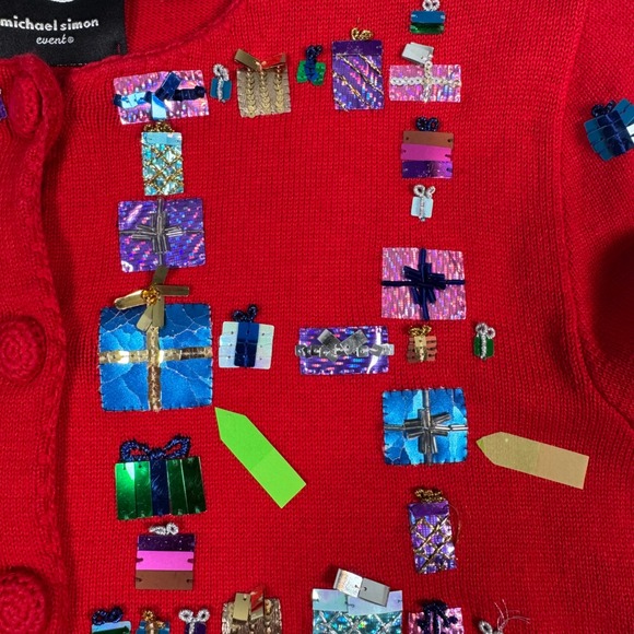 VTG Michael Simon Red Ugly Christmas Cardigan L Sequins Gift Presents Appliques - Picture 7 of 16